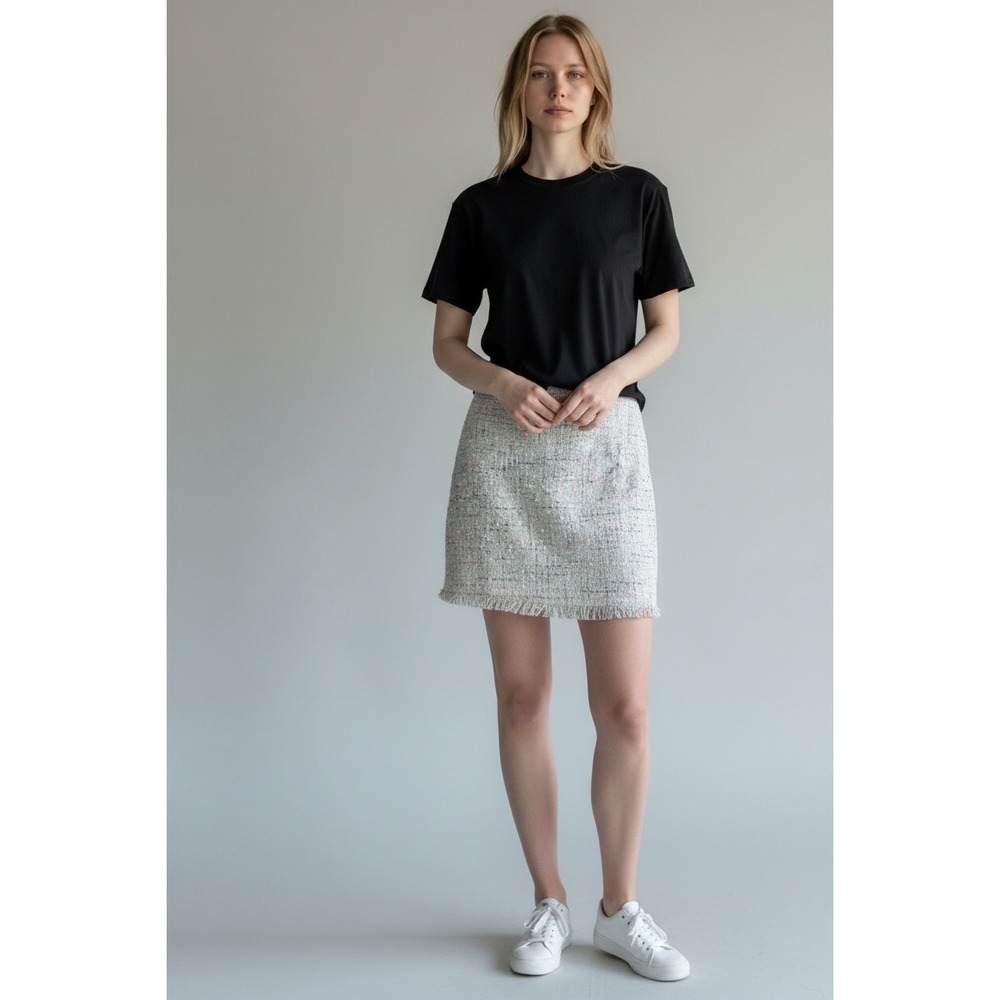 Elle Boucle Tweed Pastel Multicolor Fringe Hem Skirt Preppy Quiet Luxury Sz 16